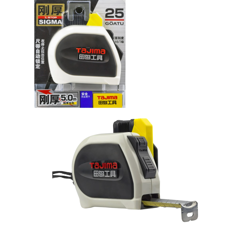 Рулетка будівельна 5м х 25мм TAJIMA (Японія) SIGMA посилена стрічка з автостопом і тримачем на пояс